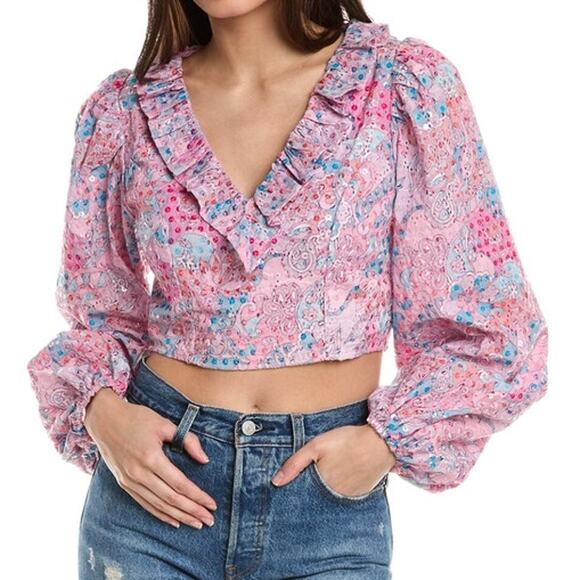 RAMY BROOK Top NEW Size M Penelope Blouse Pink Cropped Ruffle Print $325 - Picture 1 of 5